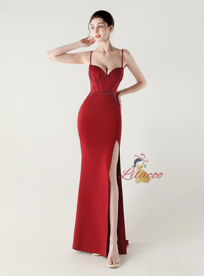 Spaghetti Straps Split Beading Prom Dress