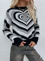 Striped Heart Round Neck Pullover Sweater