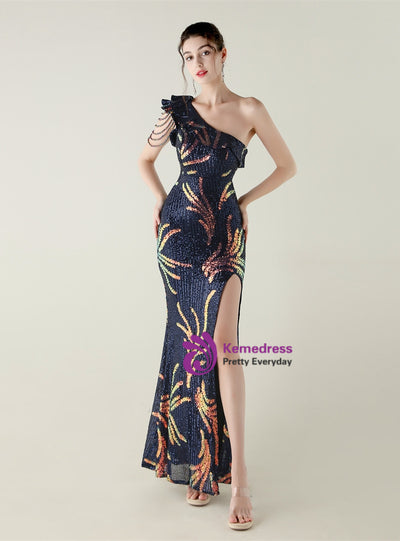 Black Mermaid Sequins One Shoulder Beading Prom Dress