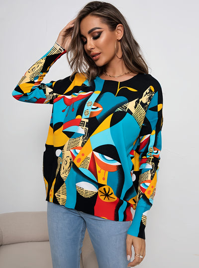 Printed Round Neck Knitted Sweater