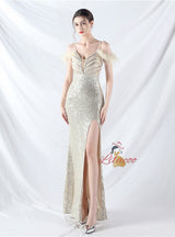 Spaghetti Straps Sequins Split Prom Dress