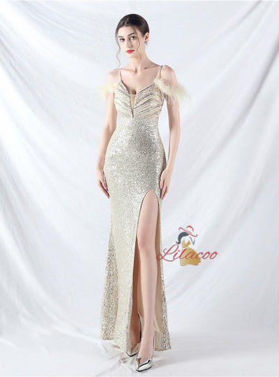 Spaghetti Straps Sequins Split Prom Dress