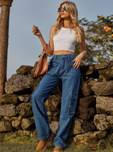 Washed Elastic Pocket Jeans Casual Pants