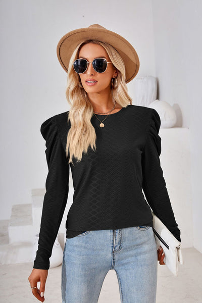 Round Neck Loose Pleated Long Sleeve T-shirt