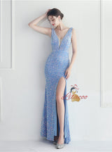 V-neck Sequins Split Prom Dress