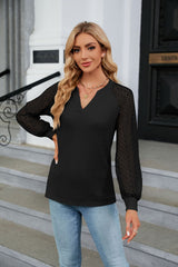 Waffle Lace Stitching Long Sleeve V-neck T-shirt