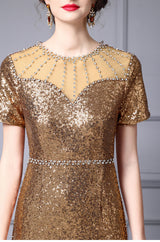 Gold Sequins Beading Short Sleeve Mother Of The Bride Dress