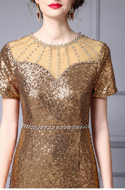 Gold Sequins Beading Short Sleeve Mother Of The Bride Dress