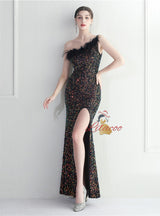 One Shoulder Mermaid Sequins Split Prom Dress