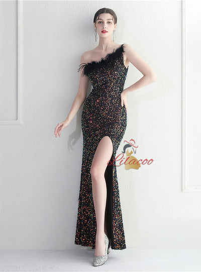 One Shoulder Mermaid Sequins Split Prom Dress