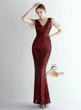 V-neck Mermaid Sequins V-neck Beading Prom Dress