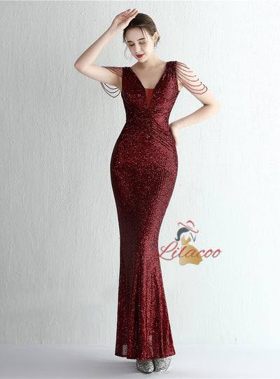 V-neck Mermaid Sequins V-neck Beading Prom Dress