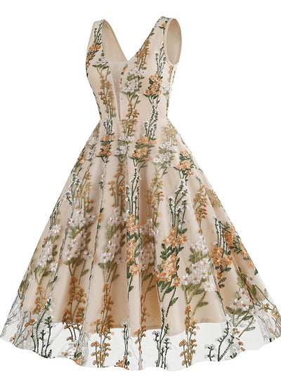 V-neck Sleeveless Heavy Embroidery Retro Dress