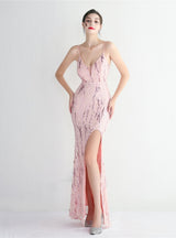 Spaghetti Straps Mermaid Sequins Split Prom Dress