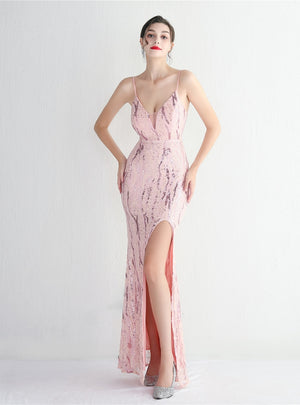Spaghetti Straps Mermaid Sequins Split Prom Dress