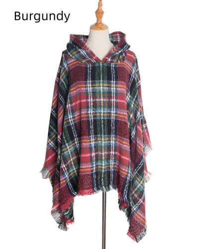 Double-sided Plaid Hooded Cloak Shawl