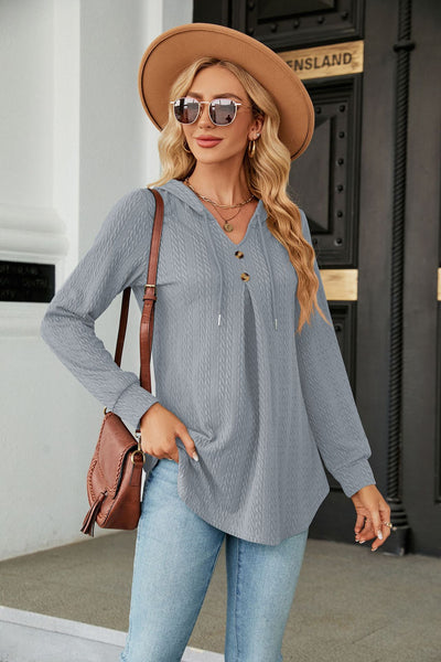 V-neck Loose Long-sleeved Hooded Top