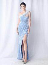 One Shoulder Sequins Split Prom Dress
