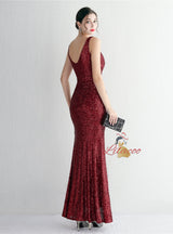 Burgundy V-neck Sequins Split Prom Dress