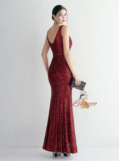 Burgundy V-neck Sequins Split Prom Dress