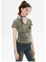 Retro Printed V-neck Short Sleeve T-shirt