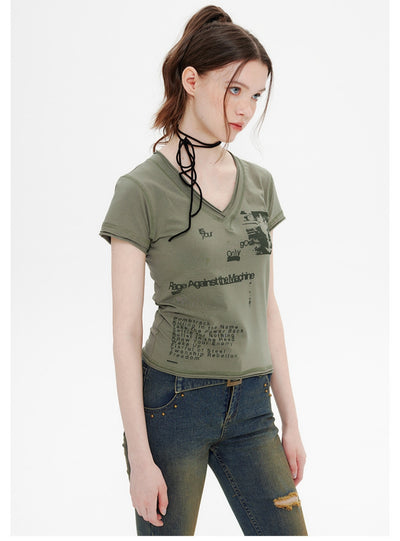Retro Printed V-neck Short Sleeve T-shirt