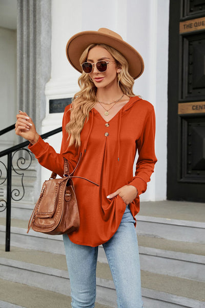 V-neck Button Hooded Loose Long Sleeve Top
