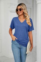 Casual V-neck Solid Color Loose T-shirt