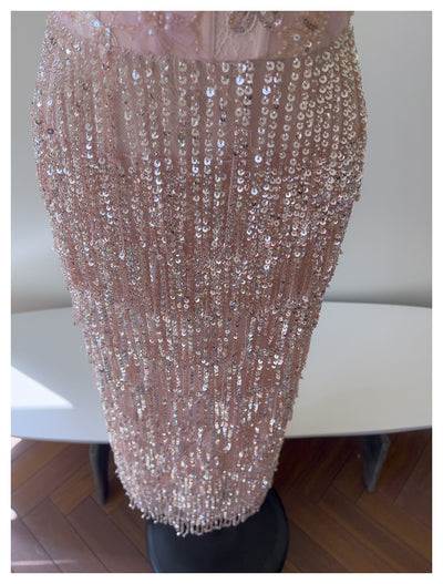 Pink Sequins Beading Straps Prom Dress