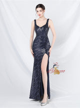Mermaid Sequins Straps Split Prom Dress