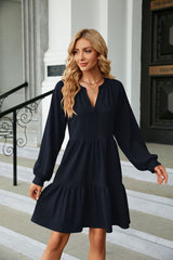 Solid Color V-neck Pleated Long Sleeve Dress