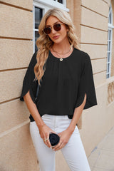 Solid Color Round Neck Short Sleeve Chiffon Shirt