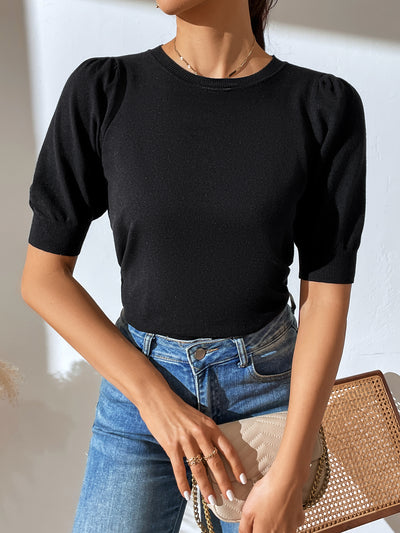 Knit Pleated Short Sleeve Solid Color Sweater