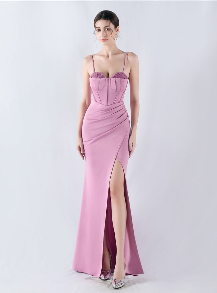 Mermaid Spaghetti Straps Pleats Beading Prom Dress