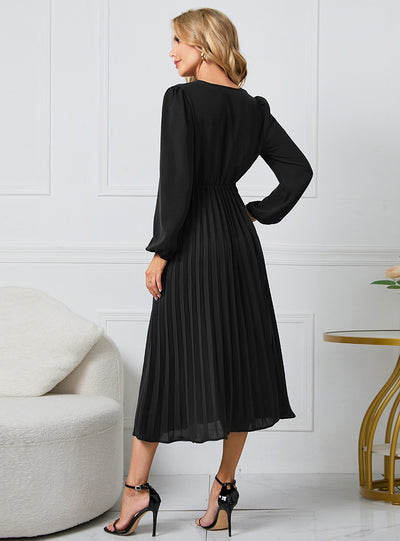 Long Sleeve Slim Pleated Belt V-neck Dress