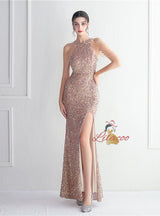 Halter Mermaid Sequins Split Beading Prom Dress