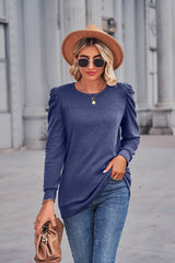Round Neck Pleated Long Sleeve T-shirt