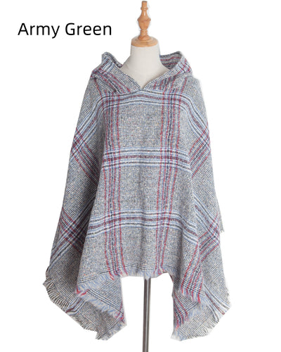 Shaggy Plaid Hooded Cloak Shawl