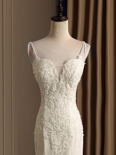 White Mermaid Appliques Beading Wedding Dress