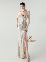 Mermaid Sequins Strapless Split Beading Prom Dress