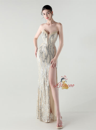 Mermaid Sequins Strapless Split Beading Prom Dress