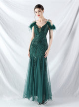 Spaghetti Straps Sequins Feather Prom Dress