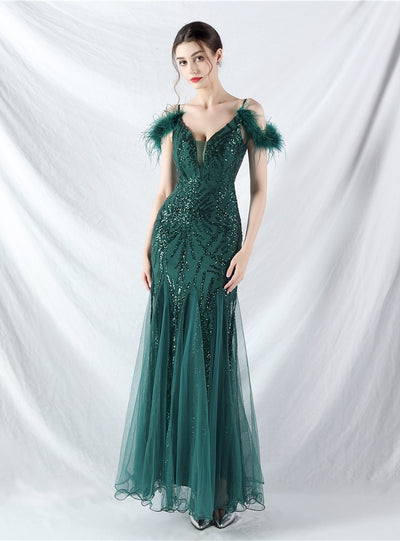 Spaghetti Straps Sequins Feather Prom Dress
