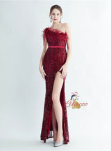 Mermaid Sequins One Shoulder Beading Split Prom Dress