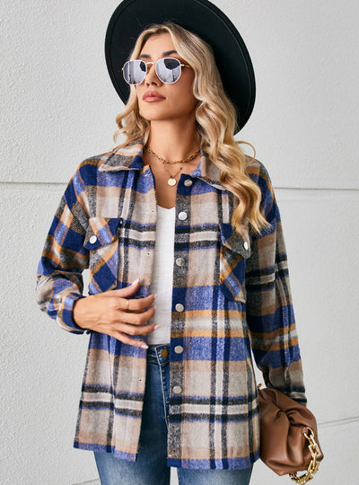 Button Lapel Loose Long Sleeve Plaid Woolen Coat