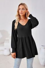Stitching V-neck Long-sleeved Loose T-shirt