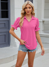 Solid Color Lapel Short Sleeve Pleated Loose T-shirt