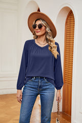 Solid Color V-neck Loose Long Sleeve T-shirt