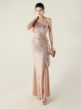 Mermaid One Shoulder Sequins Split Beading Prom Dress