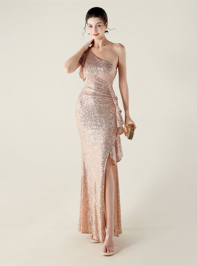 Mermaid One Shoulder Sequins Split Beading Prom Dress